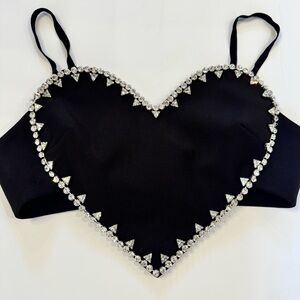 Black Heart Crop Top with Rhinestone Trim
